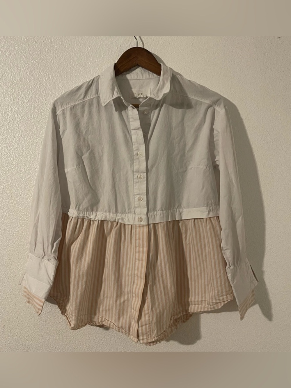 By Anthropologie 100% Cotton Womens  Ivory and Tan Long Sleeve Blouse Small